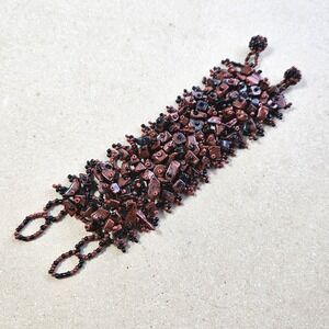 Mahogany Obsidian Beaded Cuff Bracelet Black Red Stone Chip‎ Artisan Handwoven